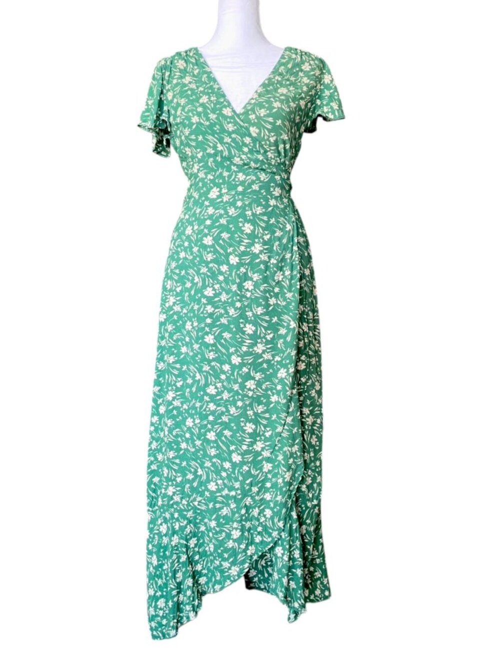 Emerald Green Floral Print Wrap Maxi Dress w/ Ruffle, Short Flutter Sleeves - Sm